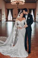 Fabulous White Lace Mermaid Sweetheart Off-The-Shoulder Beaded Long Sleeves Sweep Train Wedding Dresses